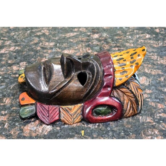 Mayan Vtg Mask Hand Carved Wood 5.75"x2.25" Painted Tribal Ceremonial Folk Art - Picture 3 of 10